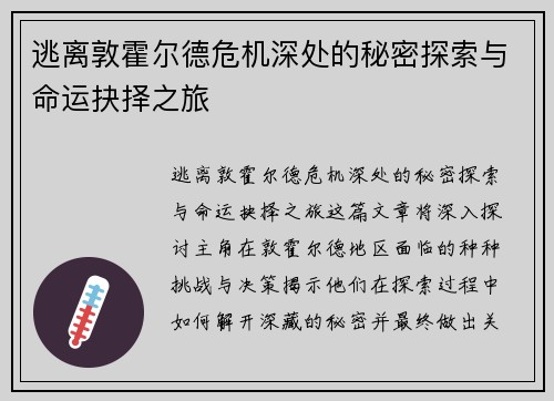逃离敦霍尔德危机深处的秘密探索与命运抉择之旅